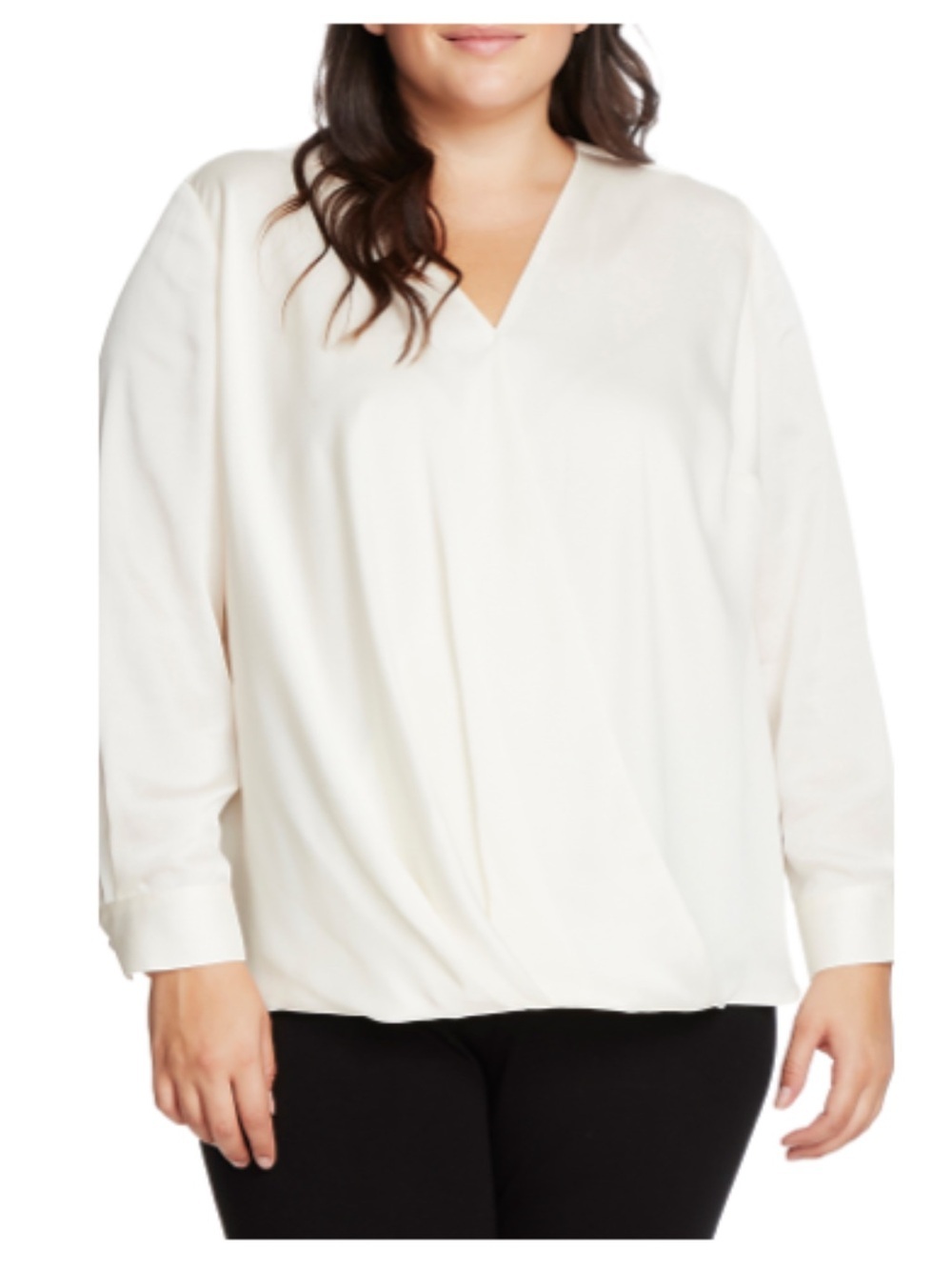 Vince Camuto Women’s Long Sleeve Wrap Front Satin Blouse in Pearl Ivory Size 1X
